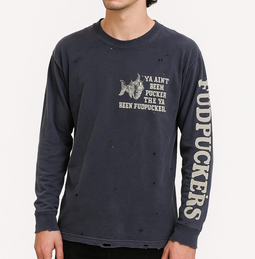 Vtg Fudpucker’s 1980s Thrashed L/S Graphic Tee Blue M Coastal Single Stich Retro